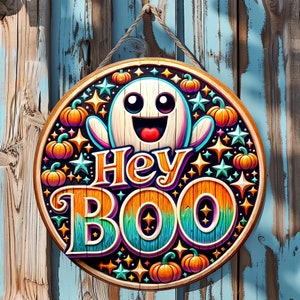 Cute Ghost Welcome Sign PNG, Round Door Hanger Sublimation Print, Hey Boo Door Sign Print, Halloween Digital Decor