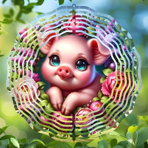 Cute Pig Floral Wreath Sublimation Design PNG, Wind Spinner, Coaster, Ornament Graphic, DIY Garden Decor Digital Adorable Animated Piglet