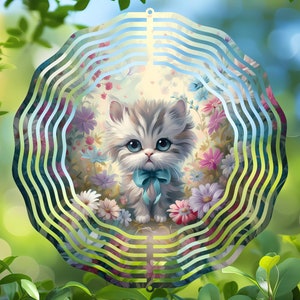 Gatinho fofo no design de sublimação do girador de vento do jardim, ornamento digital redondo PNG, porta-copos caprichoso para carro de gato