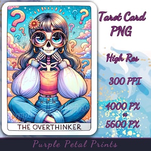 Die Overthinker Tarot-Karte PNG, lustige Skelett-Sublimationsdatei, selbst anpassbar, Shirt- und Becherdesign, digitaler Kunstdruck, Retro Boho-Kunst