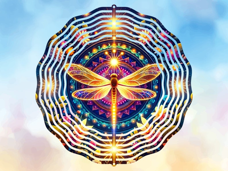 Wind Spinner Sublimation Design, Round PNG Digital Download, Mystical Dragonfly Night Garden, Vibrant Windspinner Image, Home Decor Art image 4