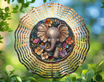 Diseño de spinner de viento de elefante, sublimación redonda floral PNG, descarga digital para posavasos, winspinners, adornos, manualidades de bricolaje