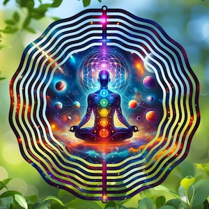 Digitale kosmische Meditationskunst, Chakra Karte Sublimationsdesign PNG, druckbares Yoga Space Decor Runde Windspinner Grafik lebendiges Galaxiebild