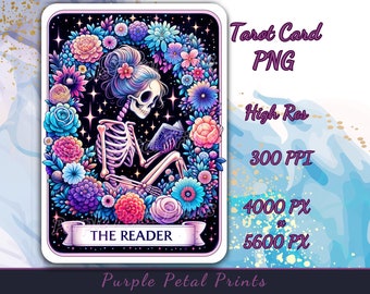 Tarot Card Digital Art, The Reader, Skeleton Reading, Floral Design, Printable Art, Sublimation PNG, Tarot Illustration Gift-for Book Lovers