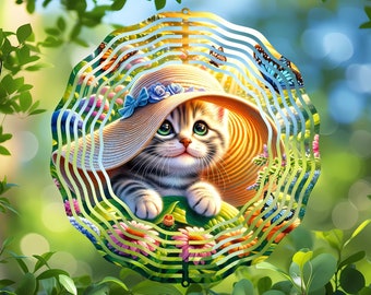 Spring Kitten Wind Spinner PNG, Diseño de sublimación digital redonda para adornos de posavasos, archivo de arte descargable de decoración de jardín