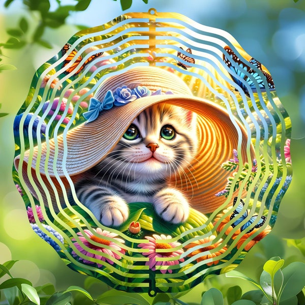 Spring Kitten Wind Spinner PNG, Round Digital Sublimation Design for Coasters Ornaments, Garden Decor Downloadable Artwork File