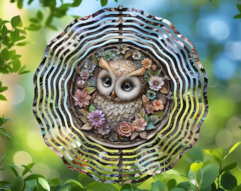 3D-uggla vindspinnare sublimering PNG, rund blommig uggladörrhängare, utskrivbar underläggsdesign, digital nedladdningsbar konst, heminredning hantverksfil