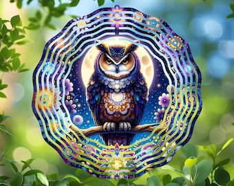 Owl Wind Spinner Sublimation Design, Round PNG, DIY Garden Decor, Midnight Floral Owl Art, Mystical knight Fantasy Art, Coasters, Ornaments