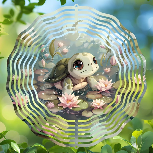 Turtle Wind Spinner Design, Garden Decor Sublimation PNG, Car Coaster Digital Download, Round Ornament Graphic, Tranquil Pond Art