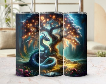 Enchanted Forest Tree Of Life With a Dragon Tumbler Design, 20oz Straight Wrap, Mystical Sublimation Design, Fantasy Tumbler Graphics