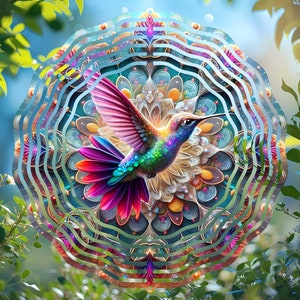 Hummingbird Wind Spinner Sublimation Design, Round Mandala PNG, Digital Print, Garden Art, Vibrant Decoration, Printable image 5