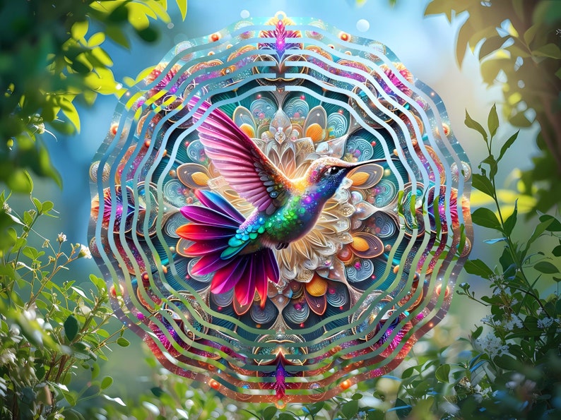 Hummingbird Wind Spinner Sublimation Design, Round Mandala PNG, Digital Print, Garden Art, Vibrant Decoration, Printable image 5