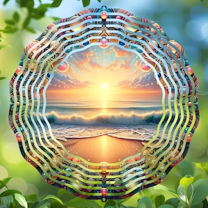 Peut inclure: Une œuvre d'art circulaire et multicouche avec une scène de plage visible au centre. Les couches extérieures présentent des motifs et des ornements colorés. L'arrière-plan est vert tendre avec des feuilles.