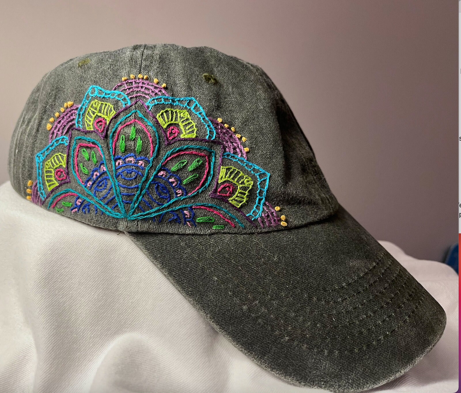 Hand Embroidered Hat- Peacock Mandala - Etsy display picture 3