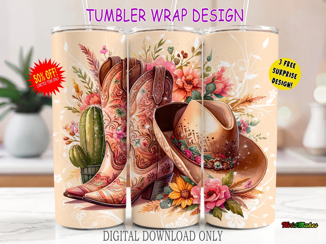 Western Pink Cowgirl Boots Design Tumbler Wrap, Cowgirl Hat Floral Boho ...