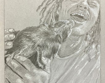 Pet & Owner Portrait - Graphite pencil drawing on grey paper