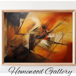 May include: Abstract artwork in a wooden frame. The painting uses a palette of orange, yellow, brown, and black to create a dynamic composition of geometric shapes and lines. The text "Homewood Gallery" is at the bottom.