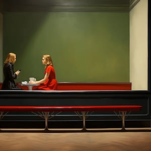 Könnte beinhalten: Zwei Personen sitzen in einer roten Sitzecke in einem Diner, unterhalten sich und trinken aus Tassen. Eine rote Bank befindet sich im Vordergrund.