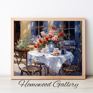 May include: A painting of a table set for tea on a patio with a bouquet of pink and red flowers in a vase. The table is covered with a white tablecloth and has a teapot, cups, and saucers on it. There are two chairs on either side of the table. The patio is surrounded by greenery and flowers.