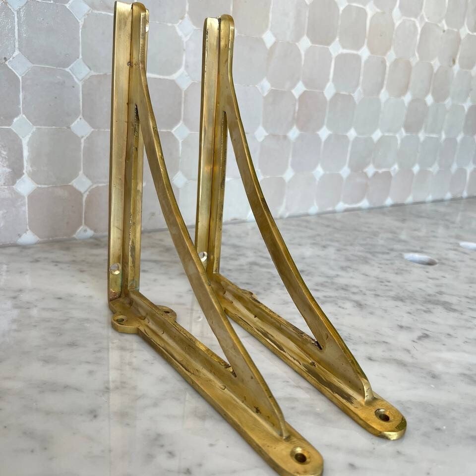 Coppia Di Robuste Staffe Per Mensole A Muro In OTTONE SOLIDO Da 5,9 Pollici / Decorazioni Per Mensole Per Finestre Con Foto Di Libri In Ottone Antico Curvo Classico - Italia - Foto 2