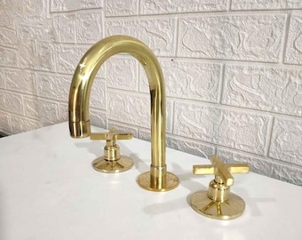 Unlacquered Brass Bathroom Faucet. 3 Hole Deck Mounted Faucet