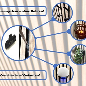 Das Bild zeigt eine Grafik, welche anzeigt, dass das Klemmsystem für die Haken auf für andere Artikel wie z.B. einen Ring für Pflanzengefäßhalter oder LED-Kerzenhalter verwendbar ist.