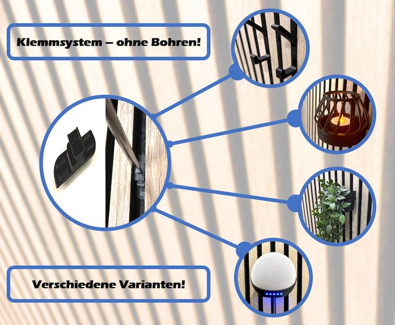 Das Bild zeigt eine Grafik, welche anzeigt, dass das Klemmsystem für die Haken auf für andere Artikel wie z.B. einen Ring für Pflanzengefäßhalter oder LED-Kerzenhalter verwendbar ist.