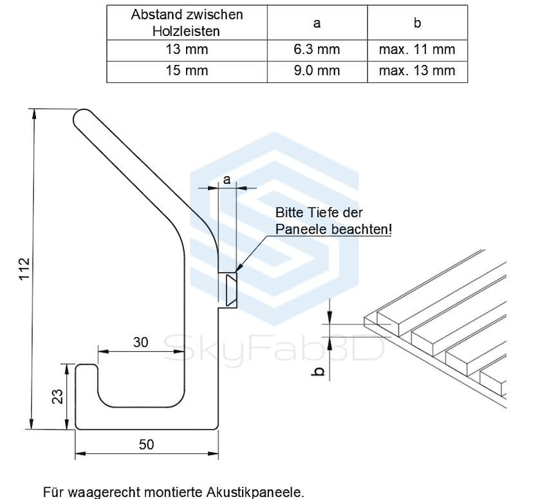 Auf dem Bild ist eine technische Zeichnung der Doppelhaken aus der Seitenansicht abgebildet. Hierbei handelt es sich um die Version für horizontal montierte Paneele. 
Die Höhe des Hakens ist mit 112 Millimetern angegeben und er ragt etwa 50 Millimeter aus der Wand heraus. Zusätzlich ist noch eine Tabelle aufgeführt die anzeigt, dass bei Paneelen mit Nutbreite 13mm die Nut-Tiefe maximal 11 mm und bei einer Nutbreite von 15mm max. 13mm betragen darf.