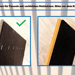 Das Bild zeigt eine Grafik, die anzeigt auf welchen Paneelen die Klemmhalter korrekt halten. Links ist ein Bild mit einem grünen Haken und einem Bild von der Rückseite des Paneels auf dem man die Klammern am Filz erkennt. Das rechte Bild hat keine Klammern und zeigt hat mit einem roten X an, dass die Klemmhalter hier nicht montiert werden können.