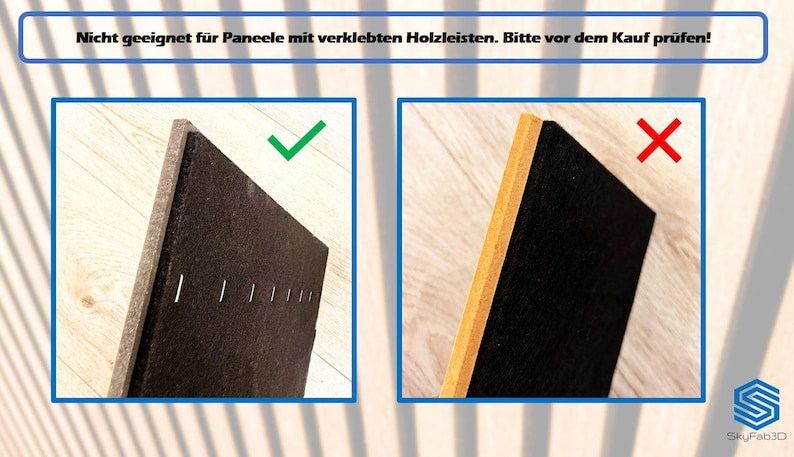 Das Bild zeigt eine Grafik, die anzeigt auf welchen Paneelen die Klemmhalter korrekt halten. Links ist ein Bild mit einem grünen Haken und einem Bild von der Rückseite des Paneels auf dem man die Klammern am Filz erkennt. Das rechte Bild hat keine Klammern und zeigt hat mit einem roten X an, dass die Klemmhalter hier nicht montiert werden können.