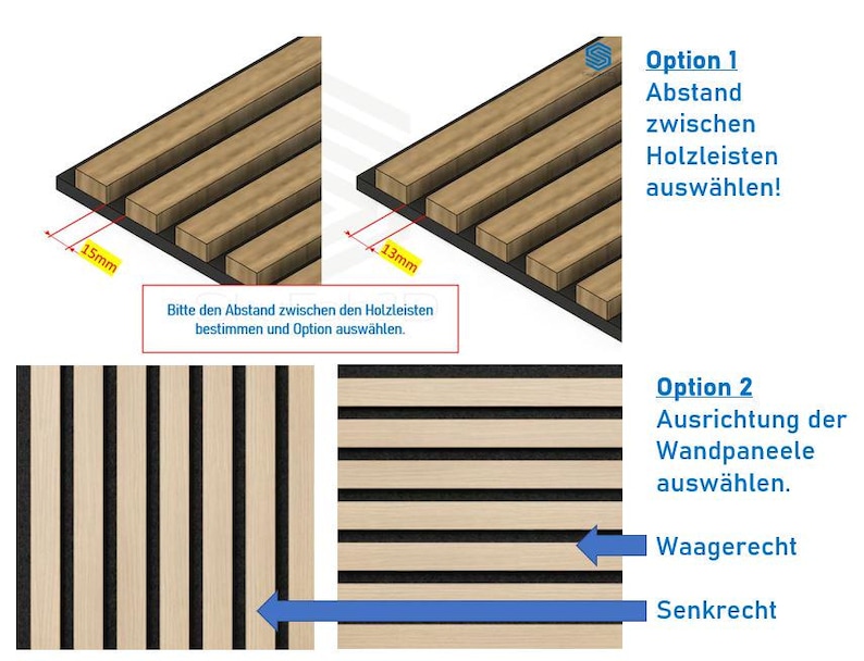 Das Bild zeigt eine Grafik, welche die beiden Optionen (Variationen) verdeutlicht. Oberhalb ist die Option 1 bei der man die Nutbreite angeben muss. Möglich sind 13 oder 15mm. Unterhalt ist die Option 2 bei der man die Ausrichtung der Paneele angeben muss. Es gibt zwei Möglichkeiten senkrecht oder waagerecht. Je nachdem wie die Paneele montiert sind.
