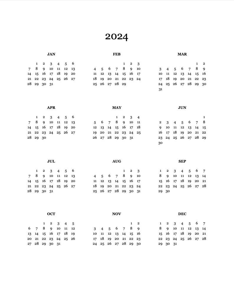 2024 Yearly Calendar Printable, Portrait Page and Horizontal Page