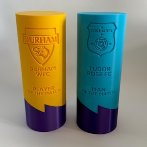 Könnte beinhalten: Zwei gelbe und blaue Trophäen mit violetten Sockeln. Die gelbe Trophäe trägt den Text "Durham WFC" und "Spieler des Spiels". Die blaue Trophäe trägt den Text "Tudor Rose FC" und "Mann des Spiels".