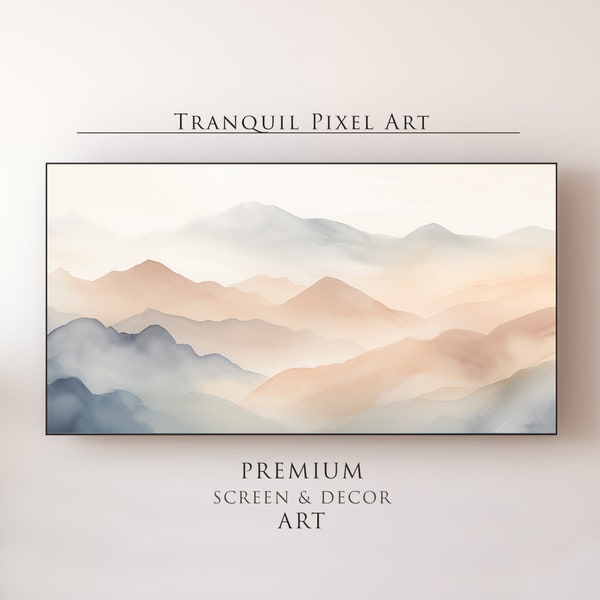 Frame TV Art, Decor Art, Watercolor Painting of Foggy mountains, Orange and Blue, Mountains, Serene, Tranquil, Relaxing and Calm