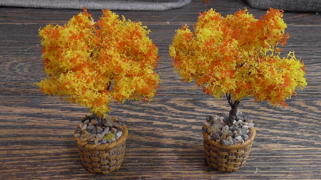 Set of Two Mini Orange Maple Trees in Ceramic Planter for Dollhouse ...