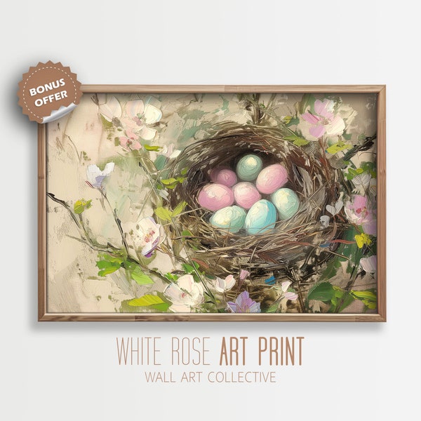 Rustic Spring Print | Minimalist close-up of eggs in a bird's nest in a bush Oil Painting | Entryway Painting | Kitchen Art Print | #1014