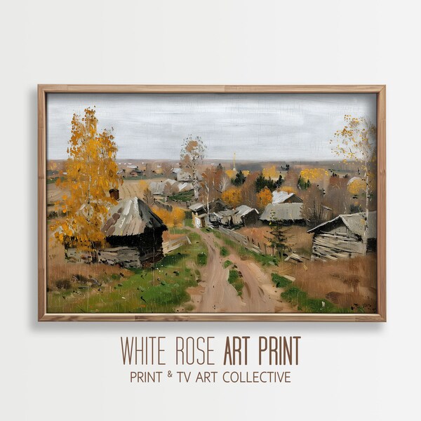 Rustic Russian Autumn Village Oil Painting, Minimalist Art Print, Neutral Colors, Living Room Decor, PRINTABLE Digital Download | #1073