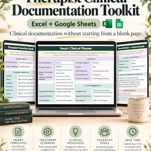 Könnte beinhalten: Ein digitales Toolkit zur klinischen Dokumentation für Therapeuten in Excel und Google Sheets. Das Display zeigt einen Laptop mit einer klinischen Planungs-Oberfläche, flankiert von einer Fragen-Datenbank und einem Demo-Workflow.