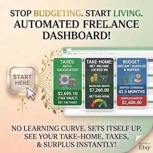 May include: An automated freelance dashboard digital interface featuring a Start Here button, three data panels for taxes, take-home income, and budget surplus, with text reading Stop Budgeting. Start Living. Automated Freelance Dashboard!