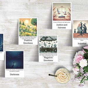 Ensemble d'émotions positives (vibrations élevées) et négatives (faibles vibrations) : 86 cartes A7 imprimables pour la conscience émotionnelle et la pleine conscience
