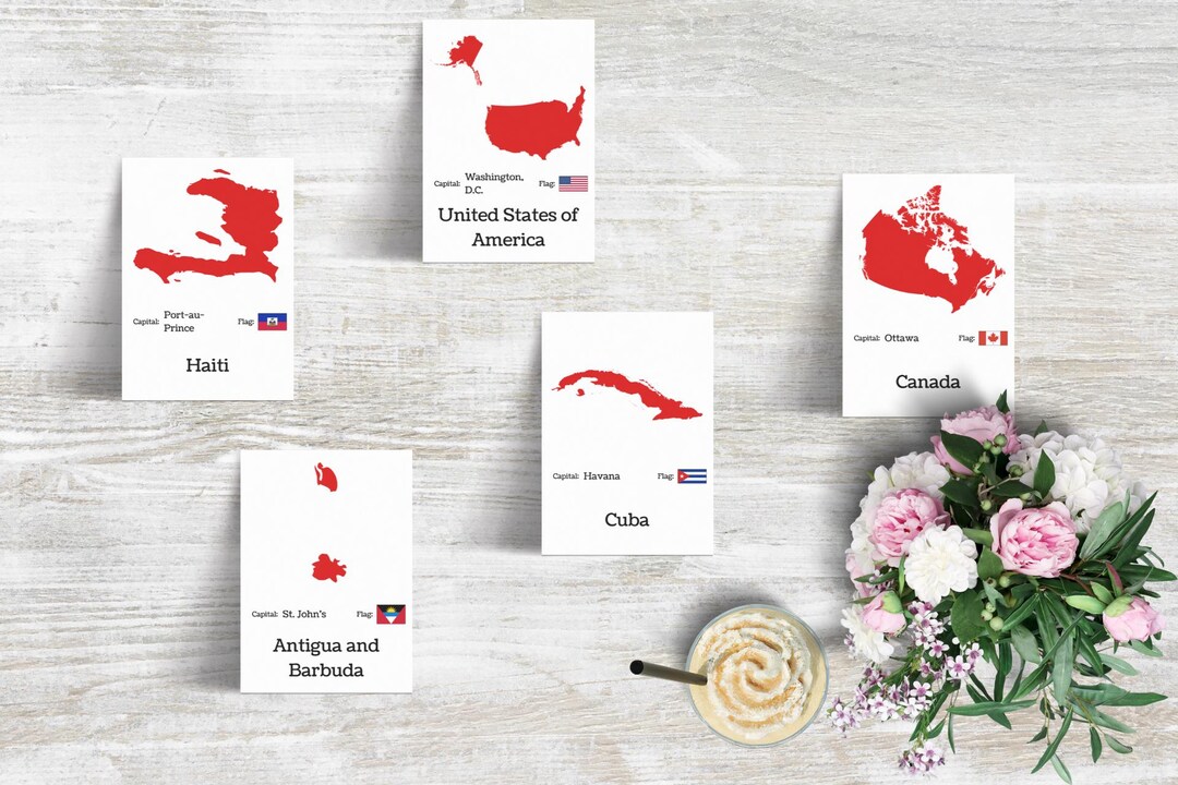 North America Maps, Capitals & Flags Flashcards A7 Printable Montessori ...