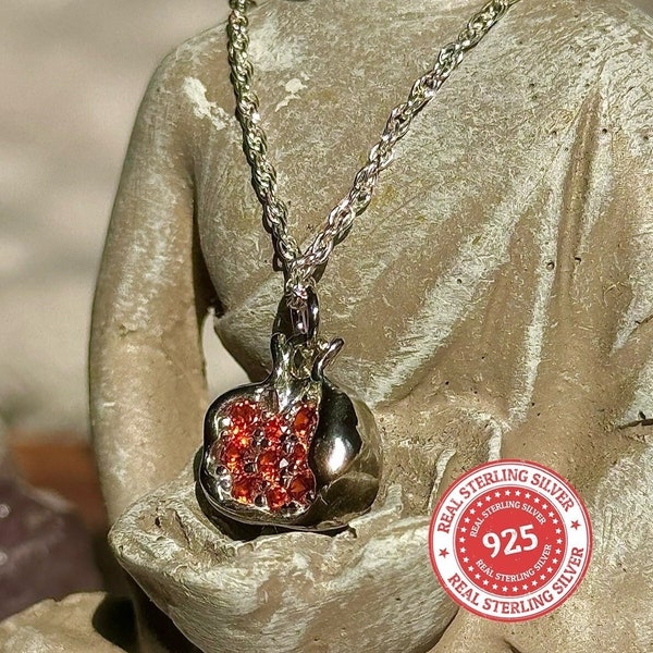 925 Pomegranate Necklace - 925 Sterling Silver Rope chain (18in) with optional extender - 18K Vermeil Gold variant - Ruby Red CZ