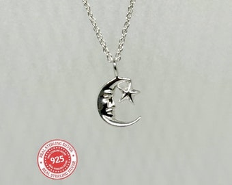 925 Silver Moon and Star Pendant on 1.3mm Sterling Silver Italian Rope chain (18in/optional extender) - Minimalist & Tarnish Resistant
