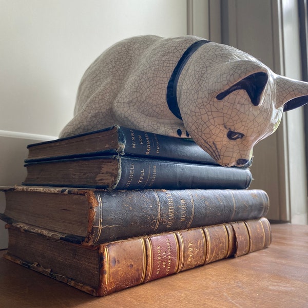 Vintage Dedham Pottery Style Glazed Crackle Peering Peaking Shelf Cat Crouching Cat The Pottery Shed