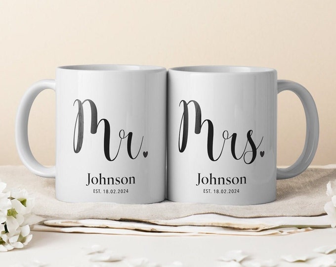 Mr and Mrs Mugs, Custom Wedding Mugs, Personalized Wedding Gift, Engagement Gift, Bride and Groom Coffee Mugs, Couple Anniversary Present