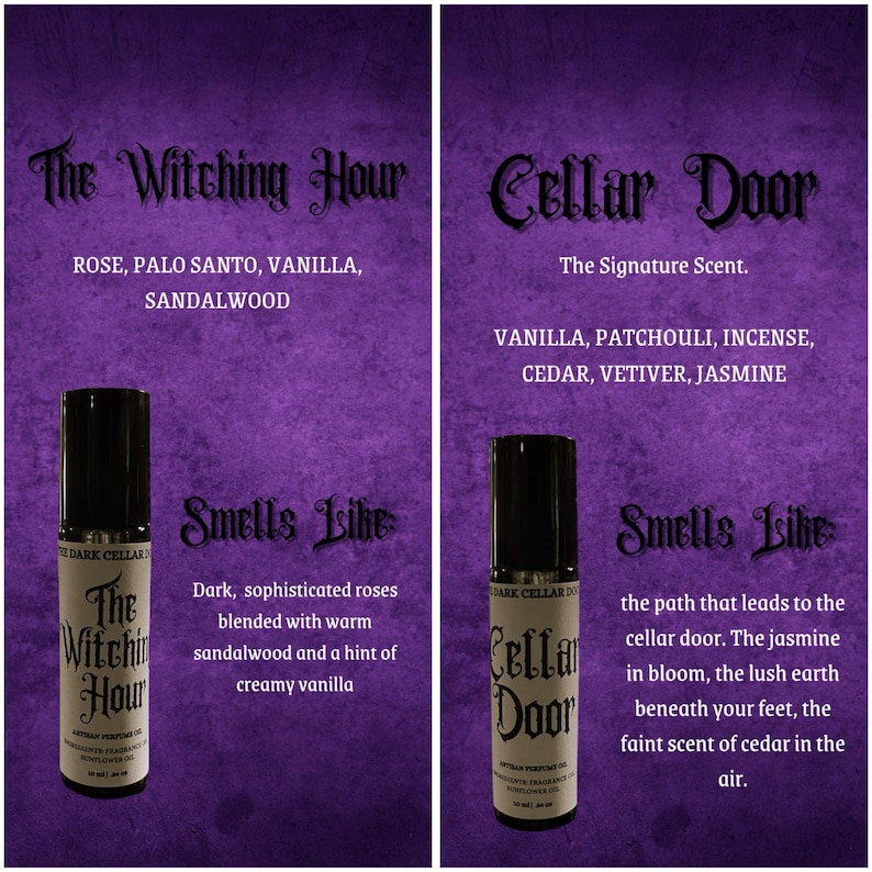 Pu&ograve; includere: Due flaconi di profumo con tappi neri ed etichette bianche sono esposti su uno sfondo viola. Il flacone di sinistra &egrave; etichettato "The Witching Hour" e quello di destra "Cellar Door". L'immagine include descrizioni di profumi.