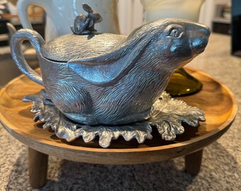 Vintage Arthur Court Bunny Gravy Boat with Drip Leaf