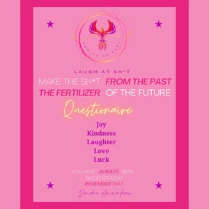 Puede incluir: Un póster motivacional rosa con un gráfico de fénix y el texto "How to be Real". El póster también incluye el texto "Laugh at sh*t, Make the sh*t from the past the fertilizer of the future. Questionnaire: Joy, Kindness, Laughter, Love, Luck. You have always been good enough. Remember that. Sandra Ammerfaan"