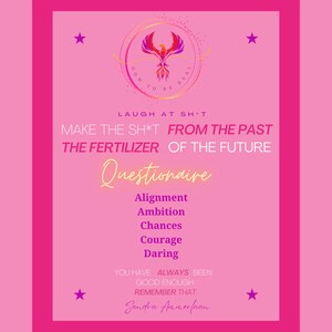 Puede incluir: Un póster motivacional rosa con un gráfico de fénix y el texto "How to be Real". El póster también incluye el texto "Laugh at sh*t, Make the sh*t from the past the fertilizer of the future. Questionnaire: Alignment, Ambition, Chances, Courage, Daring. You have always been good enough. Remember that. Sandra Ammerfaan"