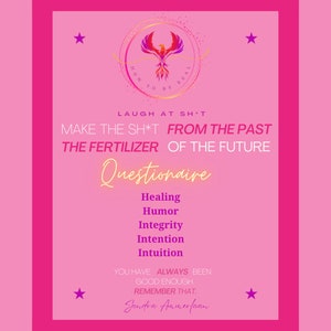 Puede incluir: Un póster motivacional rosa con un gráfico de fénix y el texto "How to be Real". El póster también incluye el texto "Laugh at sh*t, Make the sh*t from the past the fertilizer of the future. Questionnaire: Healing, Humor, Integrity, Intention, Intuition. You have always been good enough. Remember that. Sandra Ammerfaan"
